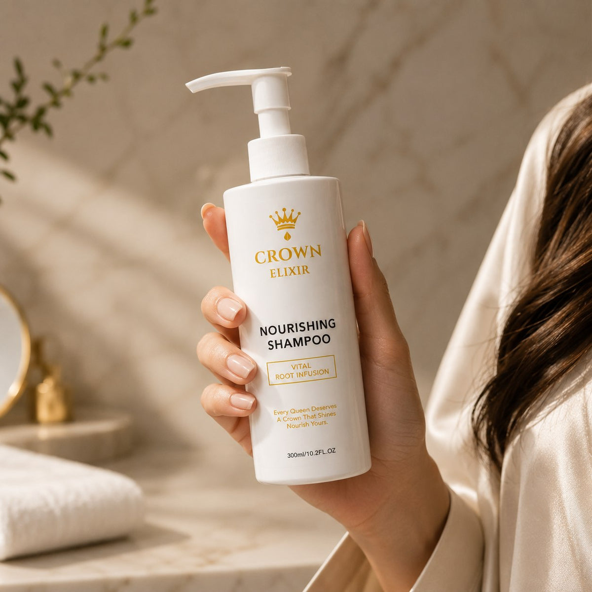 Women's Growth Shampoo in hand